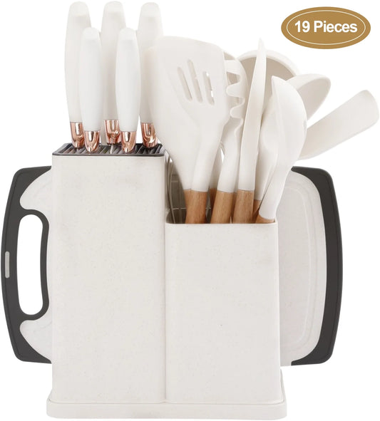 19 Pcs Knife Sets for Kitchen with Block, with 9 Piece Silicone Cooking Utensils Set 5 Piece Sharp Stainless Steel Chef Knives Scissors Whisk Tongs and Cutting Board (19 in 1) (Beige)