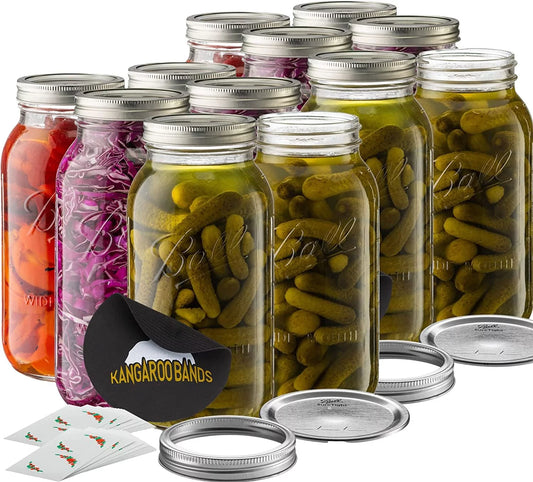 Ball Wide Mouth 64 oz half gallon mason Jars with Lids and Bands 12-Pack bundled With, KangarooBands Jar Opener, and Package Of Jar Labels Canning, Fermenting, Pickling, DIY Decors Projects
