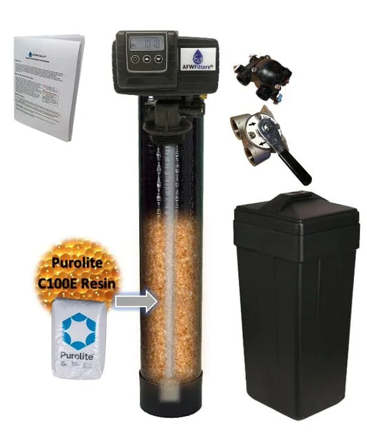 AFWFilters Purolite Metered Water Softener 48,000 48k Whole House Water Softener with Fleck 5600SXT and Upgraded C100E Purolite Resin 1 Stainless Steel Bypass