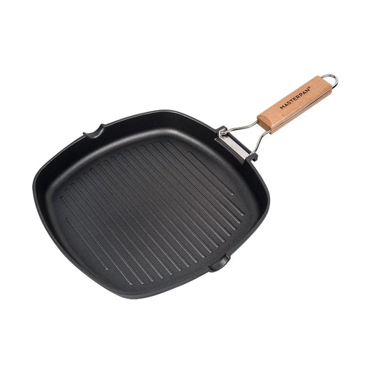 MasterPan Non-Stick Grill Pan with Folding Wooden Handle, 11, Black