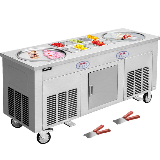 BENTISM Fried Ice Cream Roll Machine,2-Pan Commercial Ice Roll Maker,Stainless Steel Fried Ice Cream Roll Maker with Refrigerated Cabinet