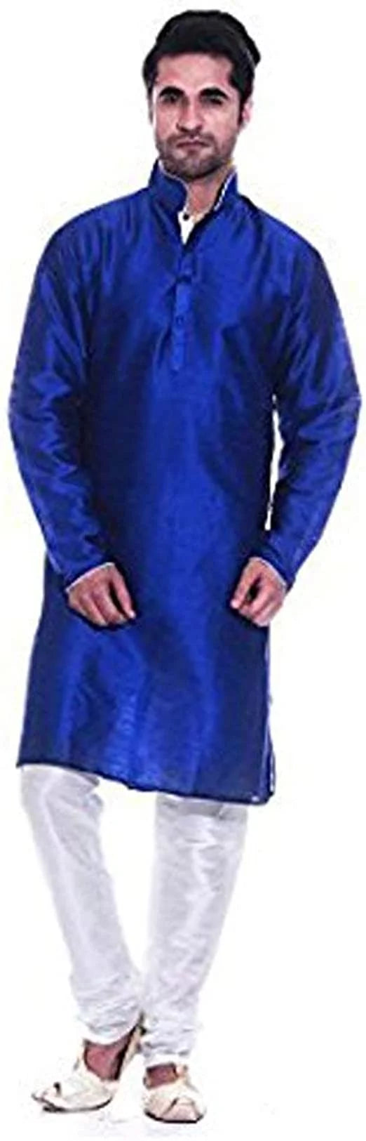 Royal Kurta Men's Dupion Silk Contrast Piping Kurta Churidar Blue