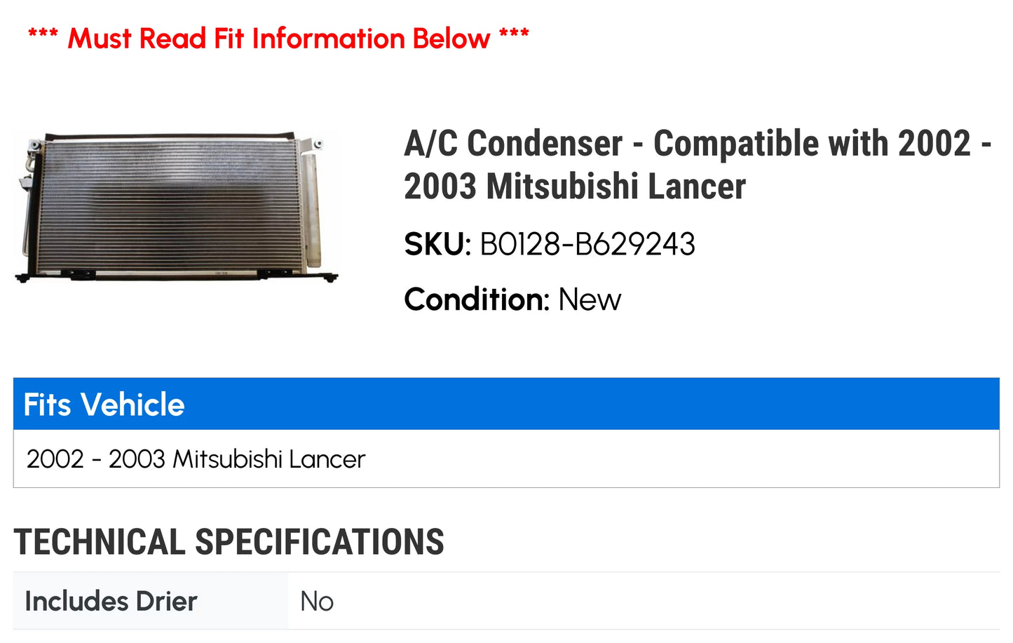 A/C Condenser - Compatible with 2002 - 2003 Mitsubishi Lancer