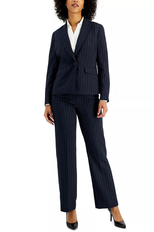 Le Suit Notched Collar One Button Closure Long Sleeve Shoulder Padding Crepe Jacket with Mid Waist Zipper Hook &Bar Closure Pant Two Piece Set-NAVY STEEL BLUE / 6P