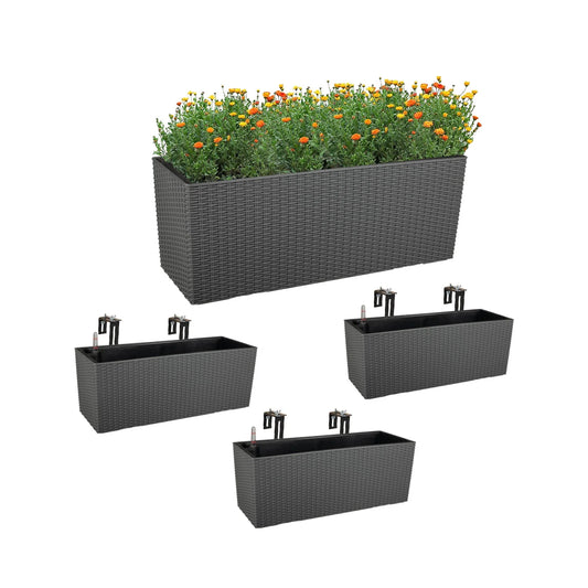 Aoodor 4Pcs 19.5 Rectangular Window Box Wall Mount/Railing Planter, Self-Watering Planter with Adjustable Bracket, for Fence, Balcony, Patio, and Outdoor Decor