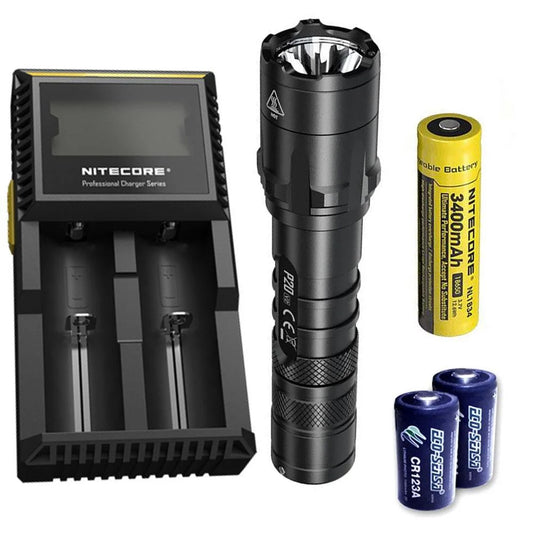Combo: Nitecore P20 V2 Tactical LED Flashlight - CREE XP-L2 V6 - 1100 Lumens w/NL189 Battery, D2 Charger +2x Free Eco-Sensa CR123A Batteries
