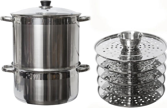 5 Tier/Level 20 Qt Uzbek 18/10 Stainless Steel Steamer Cooker Warmer W/Tempered Glass Cover For Dumplings, Ravioli, Vegetables, Fish, Manti, Mantovarka
