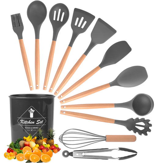 BCOOSS Silicone Kitchen Cooking Utensils Set with Holder Wooden Handle Gray 11Pcs