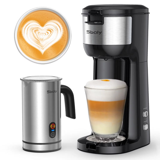 Coffee Maker & Milk Frother Set Coffee Brewer for Cappuccino and Latte Machine Single Serve, Black