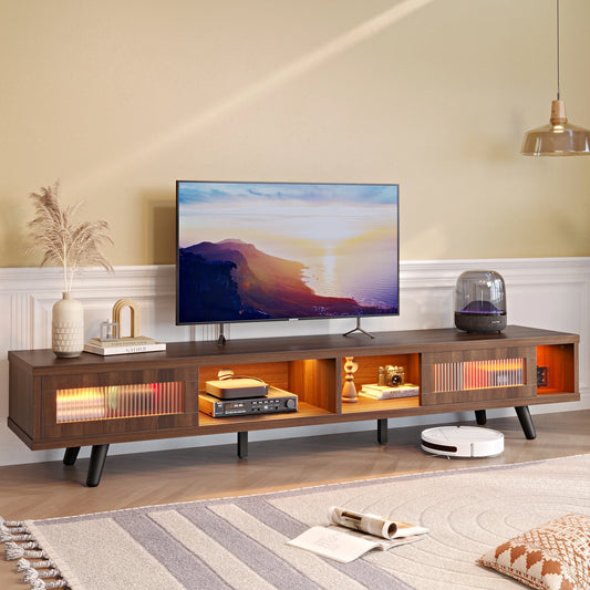 Bestier 70 LED TV Stand for TVs up to 75 TV, Mid-Century Modern Entertainment Center with Sliding Glass Door, Media TV Console Table, Ancona Walnut