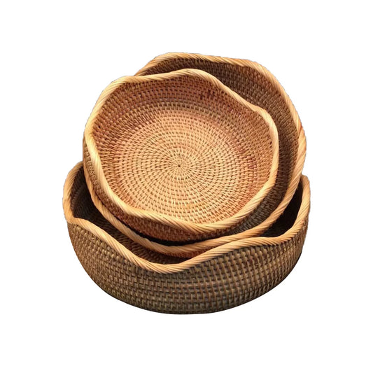 3 in 1 Rattan Woven Storage Basket Wave Style Vegetable Fruit Basket Outdoor Camping Picnic Kitchen Container
