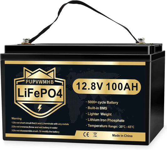 PUPVWMHB 12V 100Ah LiFePO4 Deep Cycle Battery, 100Ah Lithium Battery Built-in BMS, Rechargeable 12V LiFePO4 Battery for Solar Home, RV, Camping, Golf Car, Backup Power, Fish Finder, Boat, Marine