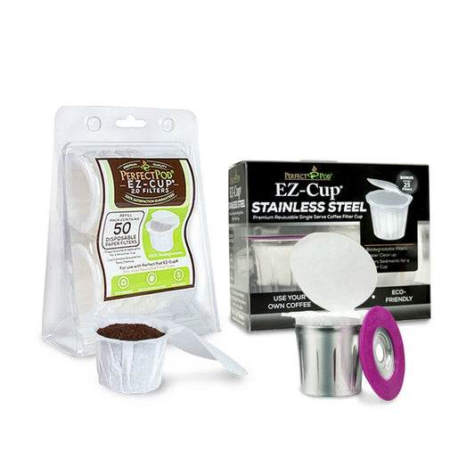 Perfect Pod EZ-Cup 2.0 Stainless Steel Reusable K Cup Pod Metal Filter + 75-Ct EZ-Cup 2.0 100% Disposable and Compostable Coffee Paper Filters  for Reusable Single Serve Coffee Pods and Ref
