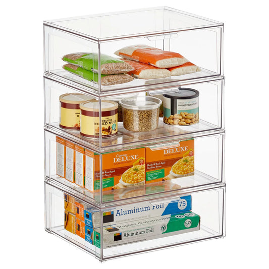 mDesign Plastic Stackable Kitchen Storage Organizer with Drawer - 4 Pack, Clear