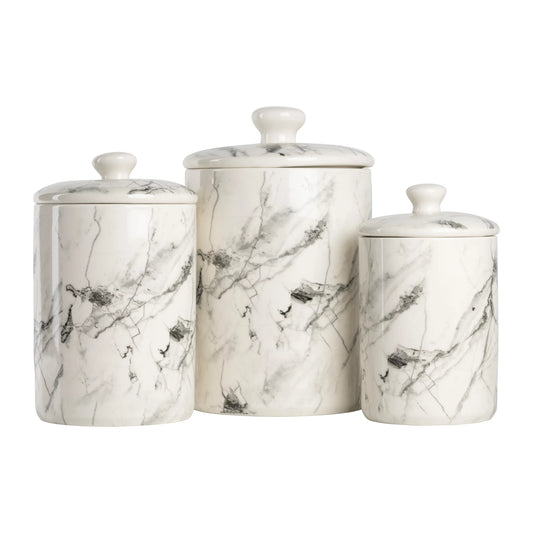 10 Strawberry Street Marble 3 Piece Food Storage Canister Set, White/Black, 24-Ounce, 38-Ounce, 72-Ounce