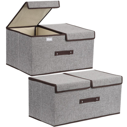 2pcs Large Collapsible Storage Bins 20 inches with Lids and Compartments, Foldable Linen Fabric Organizing Containers for Clothes, Cube Organizers for Home Closet Storage (Grey)