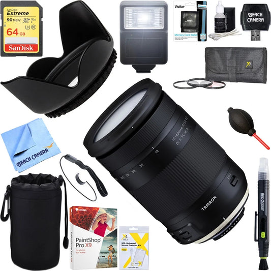 Tamron 18-400mm f/3.5-6.3 Di II VC HLD All-In-One Zoom Lens for Nikon Mount + 64GB Ultimate Filter & Flash Photography Bundle (AFB028N-700)