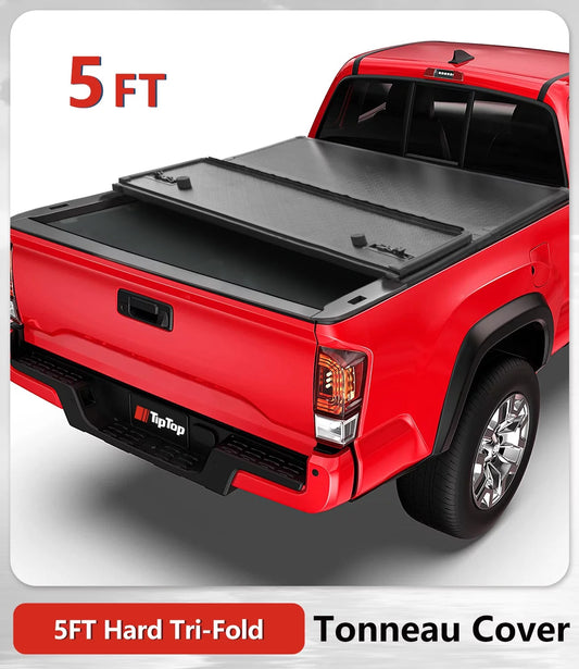 TIPTOP Tri-Fold Hard Tonneau Cover Truck Bed FRP On Top For 2016-2023 Tacoma 5ft Bed (60.5) | TPM3 |For Models With or Without The Deck Rail System|