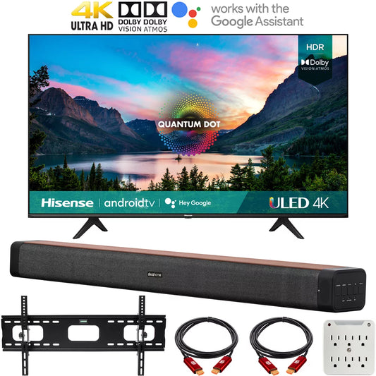 Hisense 50U6G 50 Inch U6G Series 4K ULED Quantum HDR Smart Android TV (2021) Bundle with Deco Home 60W 2.0 Channel Soundbar, 37-100 TV Wall Mount Bracket Bundle and 6-Outlet Surge Adapter