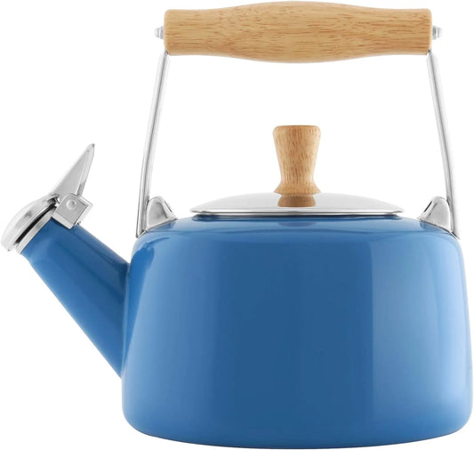 SVEN Enamel On Steel Whistling Teakettle With Natural Wood Handle, 1.4 Quarts (Blue Cove)
