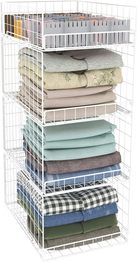 4 Tier Stackable Metal Wire Storage Basket for Closet, Foldable Closet Organizers Storage Box Drawer Shelf with Dividers for Truck Camper RV Closet/Pantries/Wardrobe,White