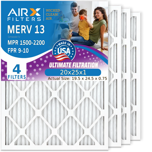 20x25x1 Air Filter MERV 13 Comparable to MPR 1500 - 2200 & FPR 9 Electrostatic Pleated Air Conditioner Filter 4 Pack HVAC AC Premium USA Made 20x25x1 Furnace Filters by AIRX FILTERS WICKED CLEAN AIR.