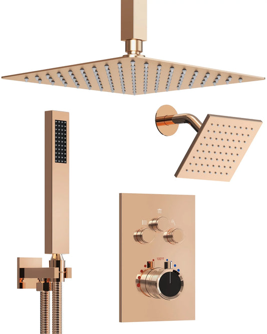 GRANDJOY Shower System 12 & 6 in. Dual Shower Heads Kit Celling Mount Fixed Bathroom Shower Faucet Set with Handheld Spray 2.5 GPM in Rose Gold