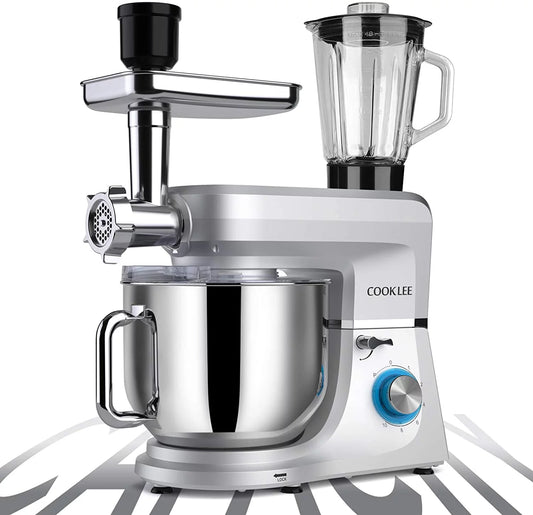 COOKLEE 6-IN-1 Stand Mixer, 8.5 Qt. Multifunctional Electric Kitchen Mixer with 9 Accessories for Most Home Cooks, SM-1507BM, Silvery