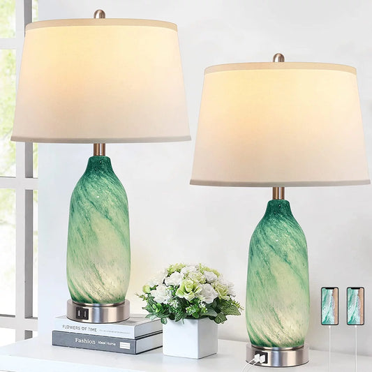 Partphoner 24.5'' Contemporary Lake Green Glass Table Lamps Set of 2 with 2 USB Ports