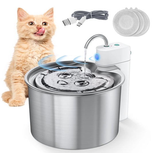145oz/4.3L Wireless Cat Water Fountain, 304 Stainless Steel Battery Operated Pet Water Fountain with 3 Filters/USB Cable, Motion Sensor, 2 Work Modes, Ultra-Quiet, No Sputter, Easy Clean