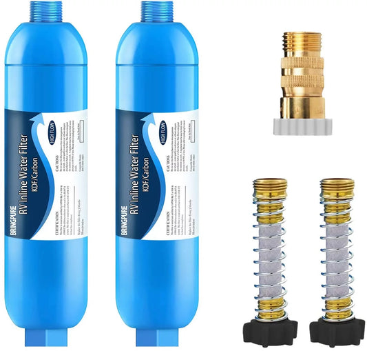 RV Inline Water Filter with Flexible Hose Protector, Reduces Chlorine, Odor, Dedicated for RVs and Marine(2 pack blue）