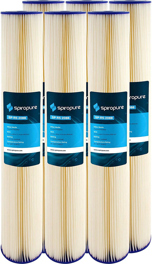 SpiroPure SP-R5-20BB 20x4.5 5 Micron Pleated Polyester Sediment Water Filter Cartridge SPC-45-2005 (Case of 6)