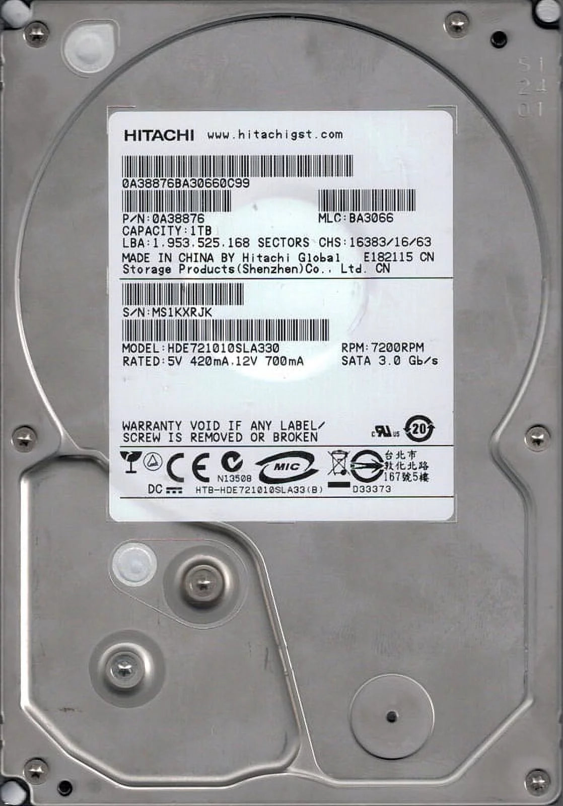 Hitachi HDE721010SLA330 P/N: 0A38876 MLC: BA3066 1TB