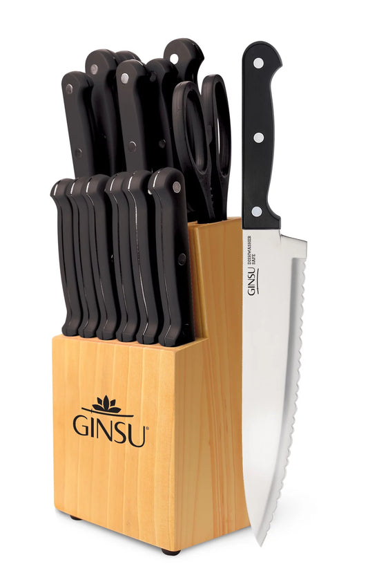 Ginsu Kiso Dishwasher Safe Black 14-Piece Cutlery Set Natural Block, Serrated Stainless Steel