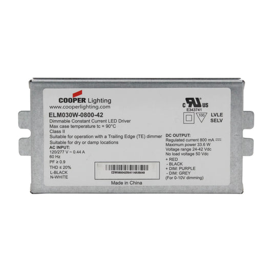 Cooper ELM030W-0800-42 Dimmable Constant-Current LED Driver, 33W, 800mA, 24-42V, 120/277V