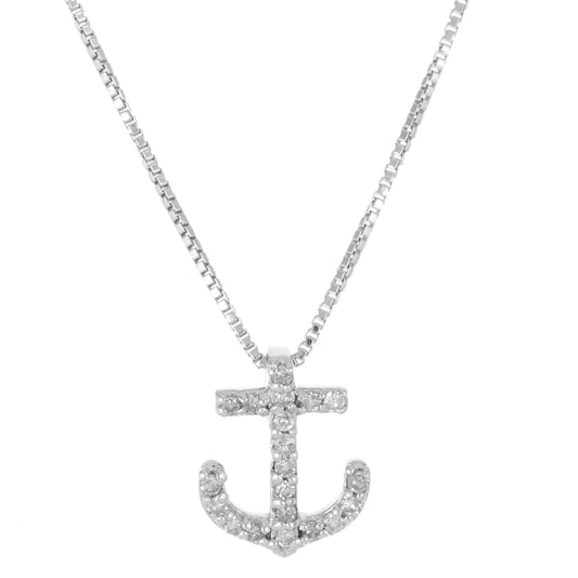 Sterling Silver 9mm Anchor Pendant Necklace with 0.10 cttw. Diamonds - Nautical