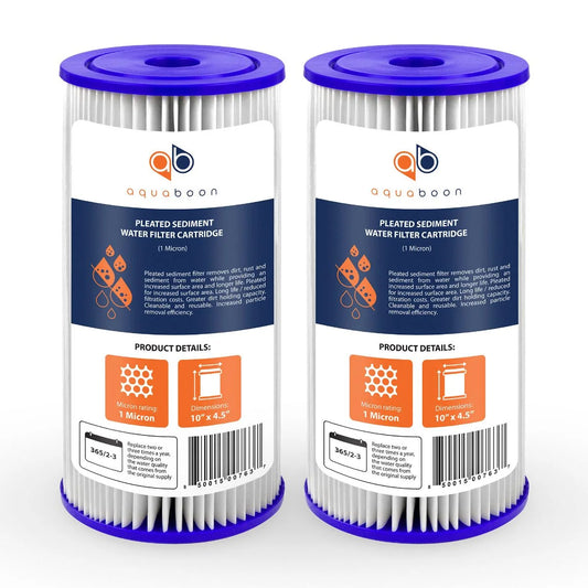 Aquaboon 1 Micron 10 Pleated Sediment Water Filter Replacement Cartridge | Whole House Sediment Filtration | Compatible with FM-BB-10-1, ECP1-BB, FM-BB-10-1A, HDC3001, WPC1FF975, 2-Pack