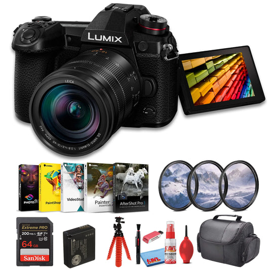 Panasonic Lumix G9 Mirrorless Camera with 12-60mm f/2.8-4 Lens (DC-G9LK) + Filter Kit + 64GB Card + Corel Photo Software + Card Reader + DMW-BLF19 Battery + Bag + Flex Tripod + Cleaning Kit