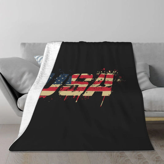 TEQUAN Double Layer Plush Bed Blanket, Usa Text American Flag Pattern Cozy Soft Air Conditioner Throw Blankets, 60 x 50