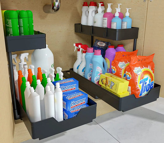 Zmoon 2 Pack Under Sink Organizer 2 Tier Storage with Pull-Out Baskets & Hooks for Bathroom & Kitchen Cabinet Organizer with Sliding Drawer Black