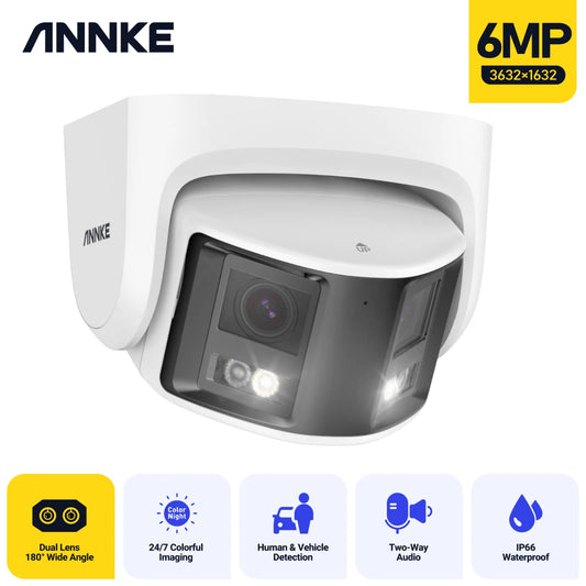 ANNKE PoE Security Camera Outdoor with Dual Lens 180° Filed of View, 6MP IP Surveillance Camera Support Color Night Vision, Person/Vehicle Detection, Two-Way Talk, Built-in SD Card Slot