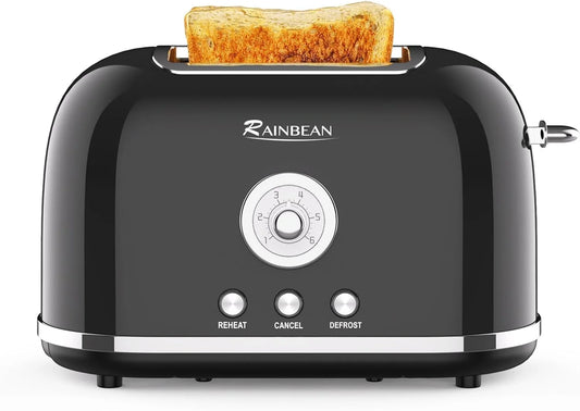 Toaster 2 Slice Retro Toaster Stainless Steel with 6 Bread Shade Settings and Bagel Cancel Defrost Reheat Function, Cute Bread Toaster with Extra Wide Slot and Removable Crumb Tray (Black)