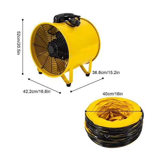16 Portable Industrial Extractor Fan Blower with 10m 5m Duct Hose Ventilator Yellow