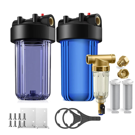 SimPure Whole House Water Filter Housing 10x4.5,Pre-Filtration System with DC5P Spin Down Sediment Filter 40/200 Micron