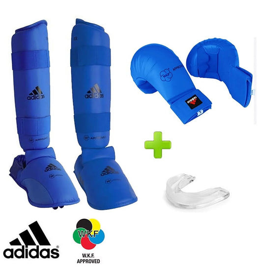 New Blue adidas Karate WKF Competition Sparring Gear Set w/ Mouthguard