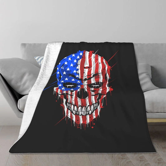 TEQUAN Double Layer Plush Bed Blanket, Patriotic American Flag Skull Bones Pattern Cozy Soft Air Conditioner Throw Blankets, 60 x 50