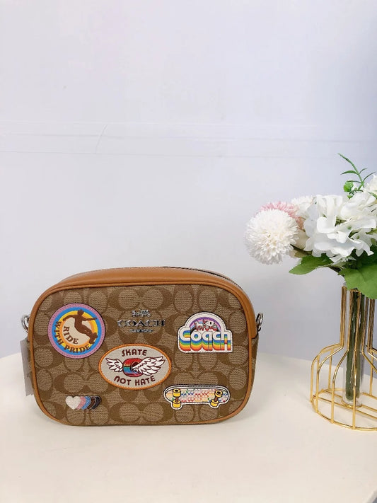 Coach CJ605 Jamie Camera Bag In Signature Canvas With Patches IN Khaki Multi
