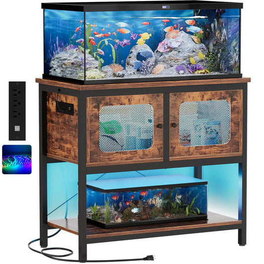Homieasy Aquarium Stand with LED Light and Sockets, 40-50 Gallon Metal Fish Tank Stand Combo Set with Cabinet and Mesh Door, Reptile Tank Turtle Stand with Accessories Storage, Rustic Brown
