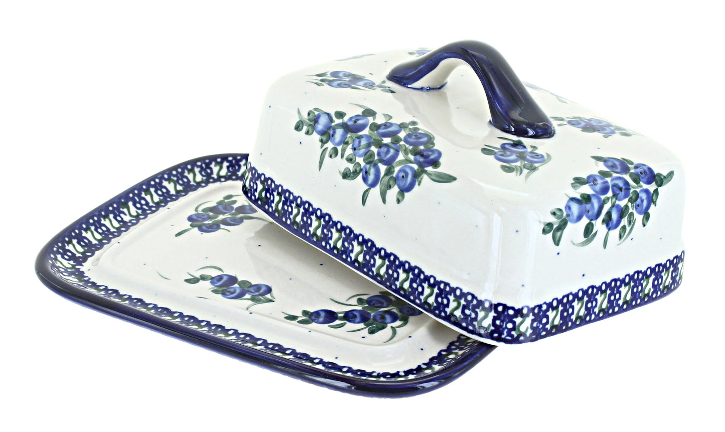 Blue Rose Polish Pottery Backyard Blueberry Square Butter Dish