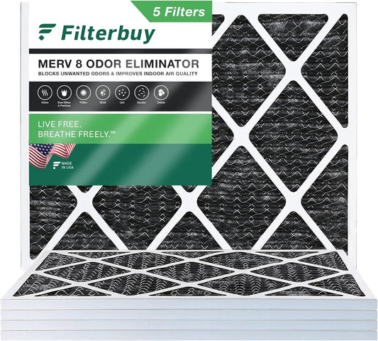 Filterbuy 18x25x1 MERV 8 Odor Eliminator Pleated HVAC AC Furnace Air Filters with Activated Carbon (5-Pack)
